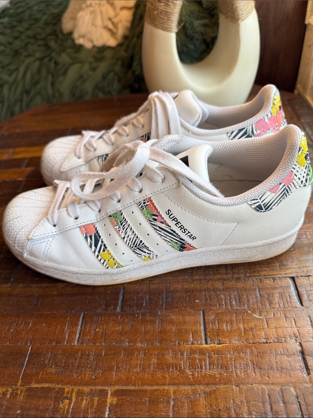 adidas Kids White Sneakers with Pink and Yellow Floral Stripes